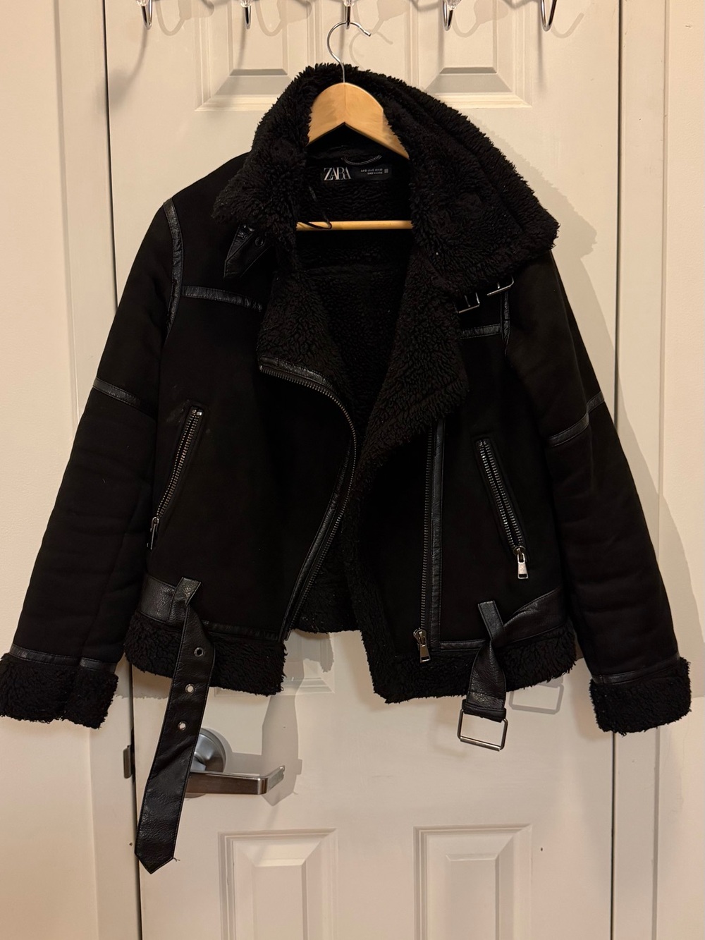 Zara Black Faux Shearling Biker Jacket